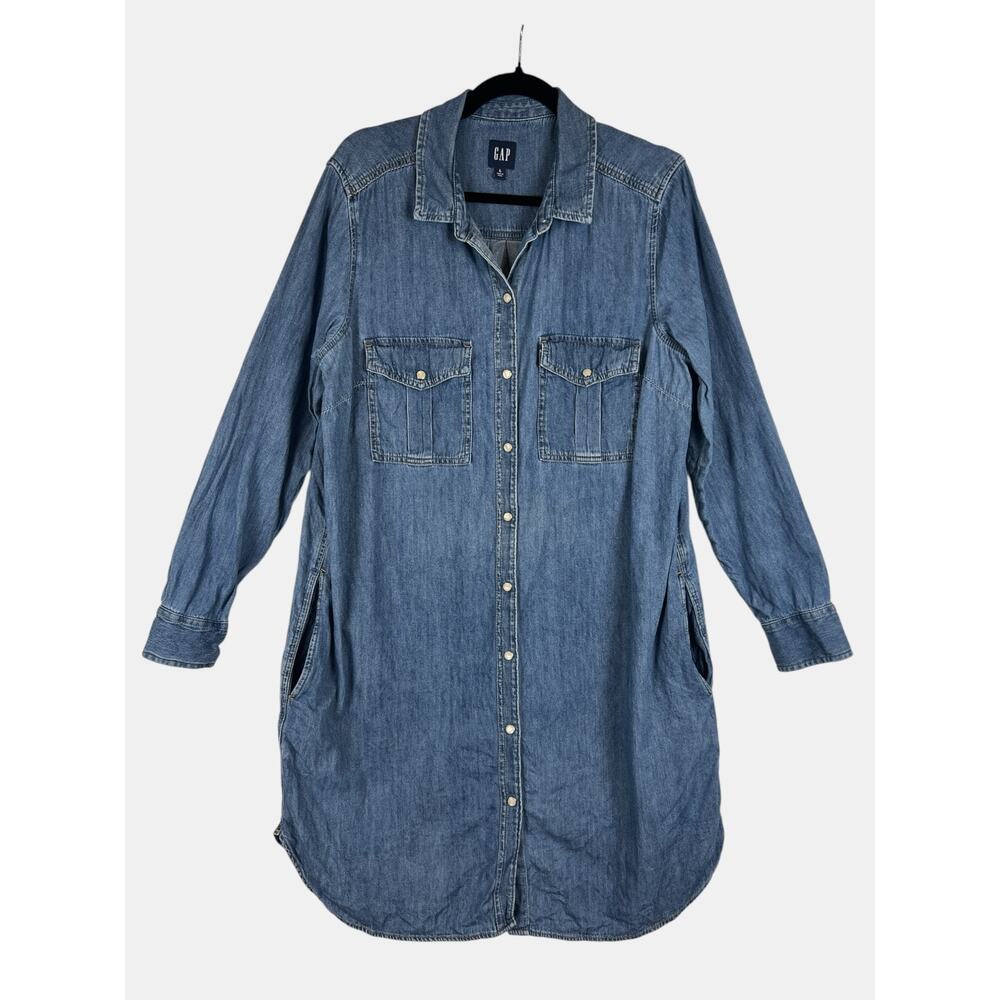 Gap Denim Shirt Dress Womens Large Snap Button Chambray Dress Pockets‎ Casual
